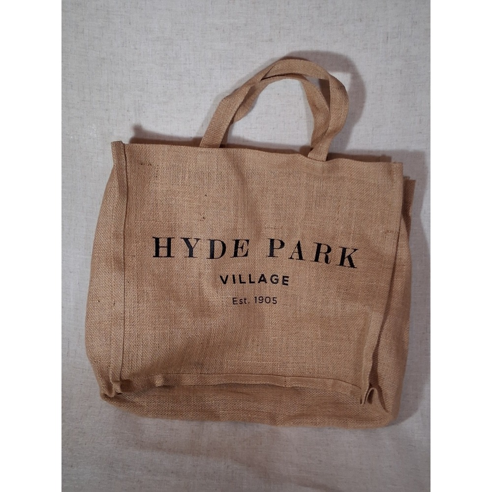 Hyde Park Village Burlap Jute Tote Bag Tan Brown Market Shopper Bag Est 1905 - Picture 4 of 7